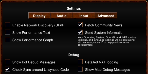 Advanced settings dialog